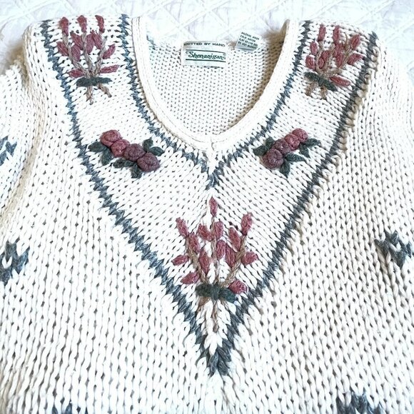 Vintage Hand-Knit Sweater Rose Floral Raised Knit Embroidery Scandi Girl Small - Picture 2 of 6